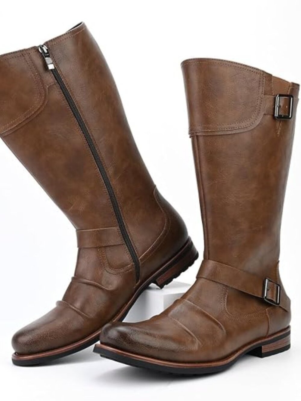 Men's Riding Boots Mid-Calf Adjustable Buckles Motorcycle Biker Boots